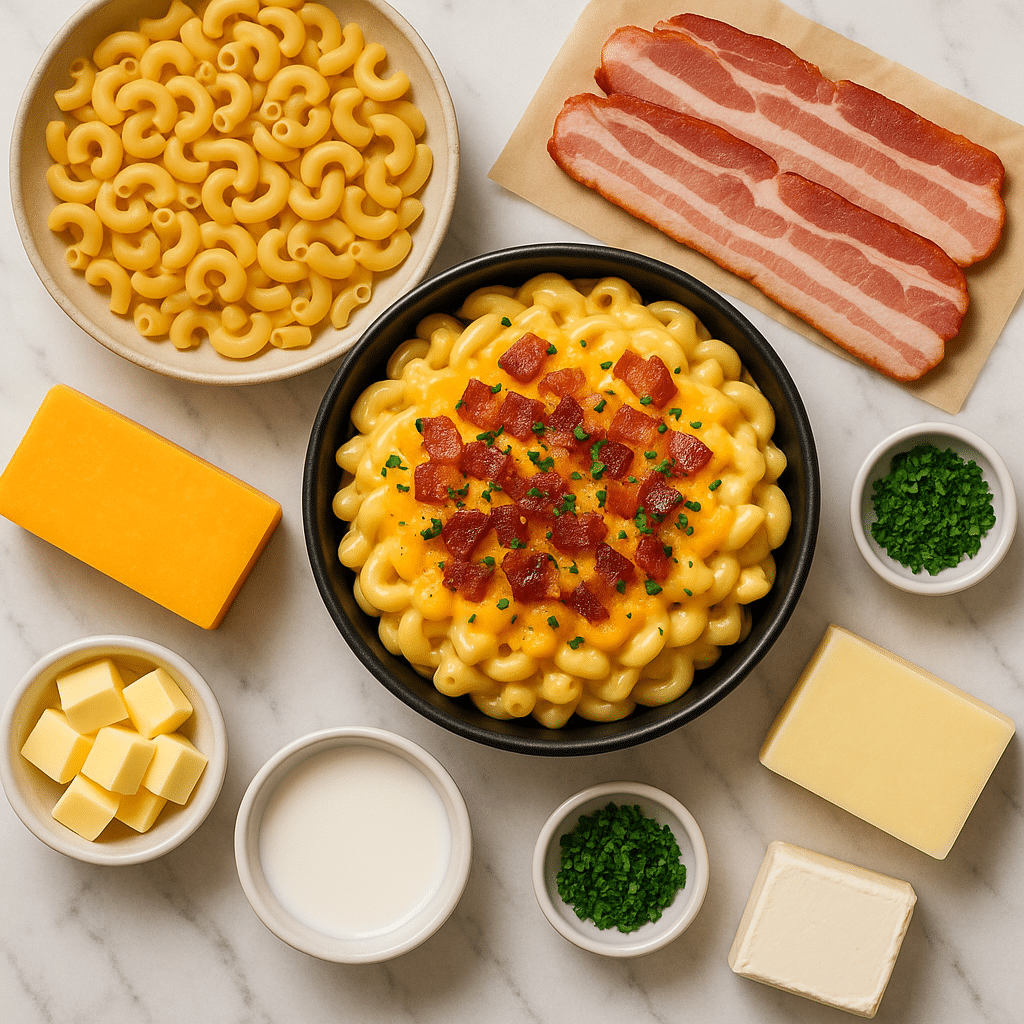 Air fryer bacon mac and cheese ingredients flat lay with elbow pasta and thick cut bacon