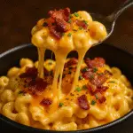 Air fryer bacon mac and cheese being served with cheese stretching from spoon