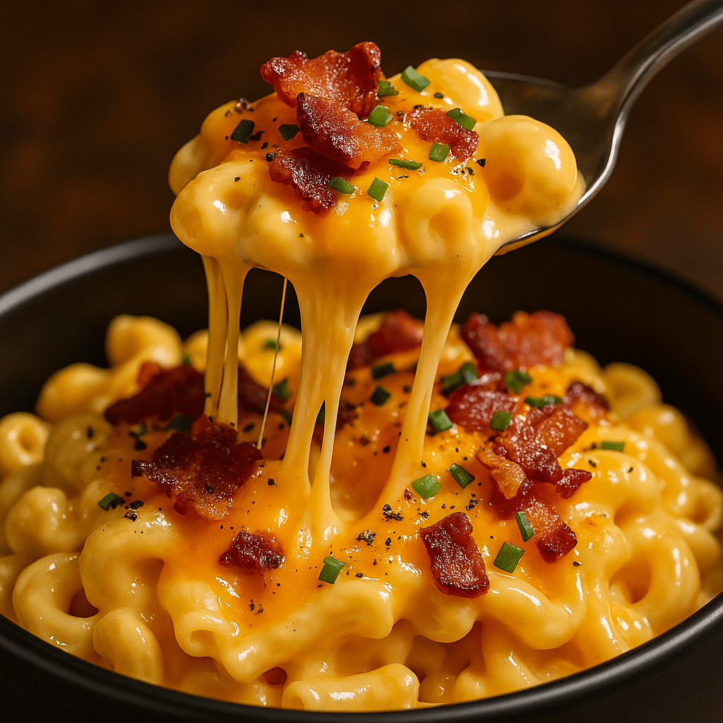 Air fryer bacon mac and cheese being served with cheese stretching from spoon
