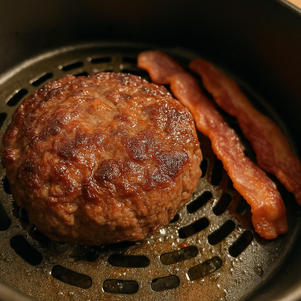 Beef patties and bacon cooking together in the air fryer for a beef and bacon burger