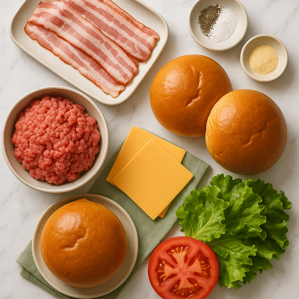 Ingredients for Air Fryer Beef and Bacon Burger laid out for easy prep