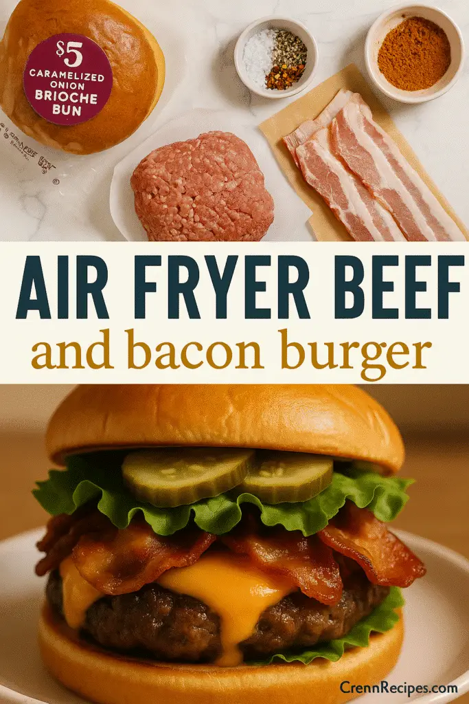 Air Fryer Beef and Bacon Burger – ingredients and finished dish in one Pinterest image