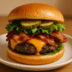 Served Air Fryer Beef and Bacon Burger with toppings on toasted brioche bun