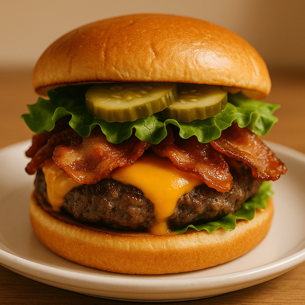 Served Air Fryer Beef and Bacon Burger with toppings on toasted brioche bun