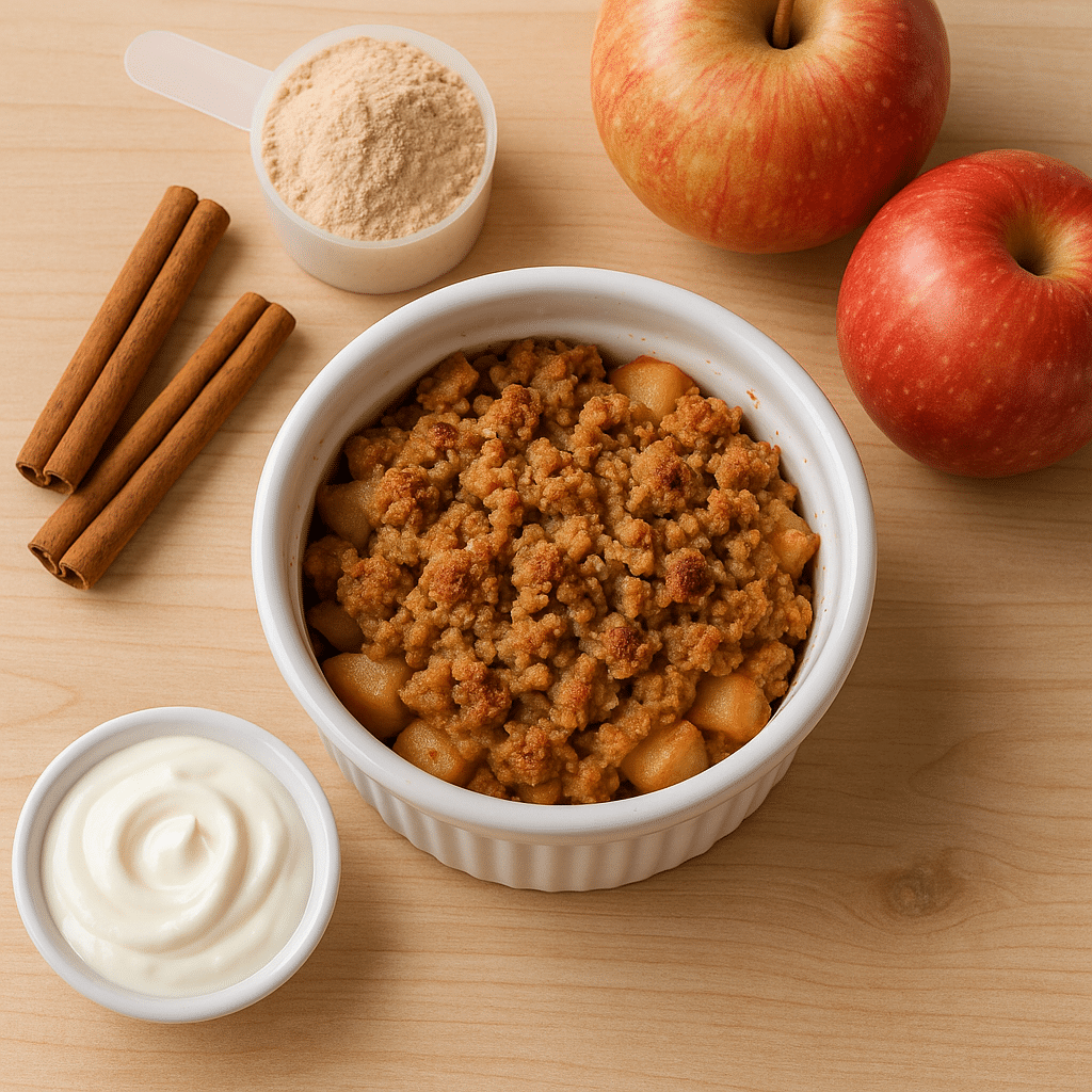 air fryer protein apple crumble in ramekin with yogurt and cinnamon