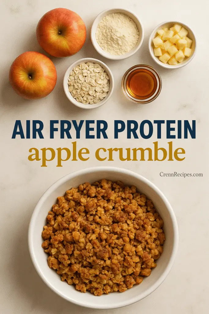 Pinterest-style air fryer protein apple crumble layout with text overlay
