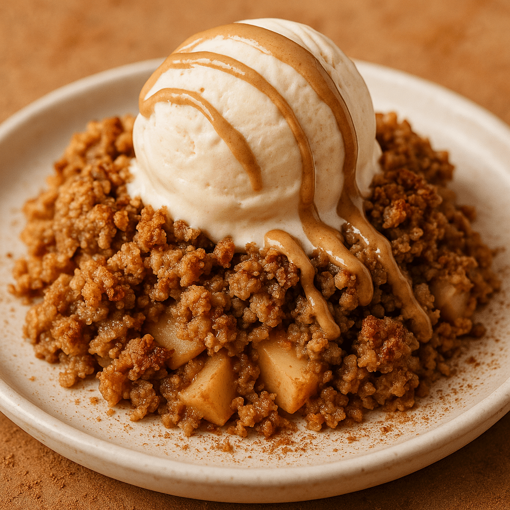 protein apple crumble with ice cream and almond butter drizzle