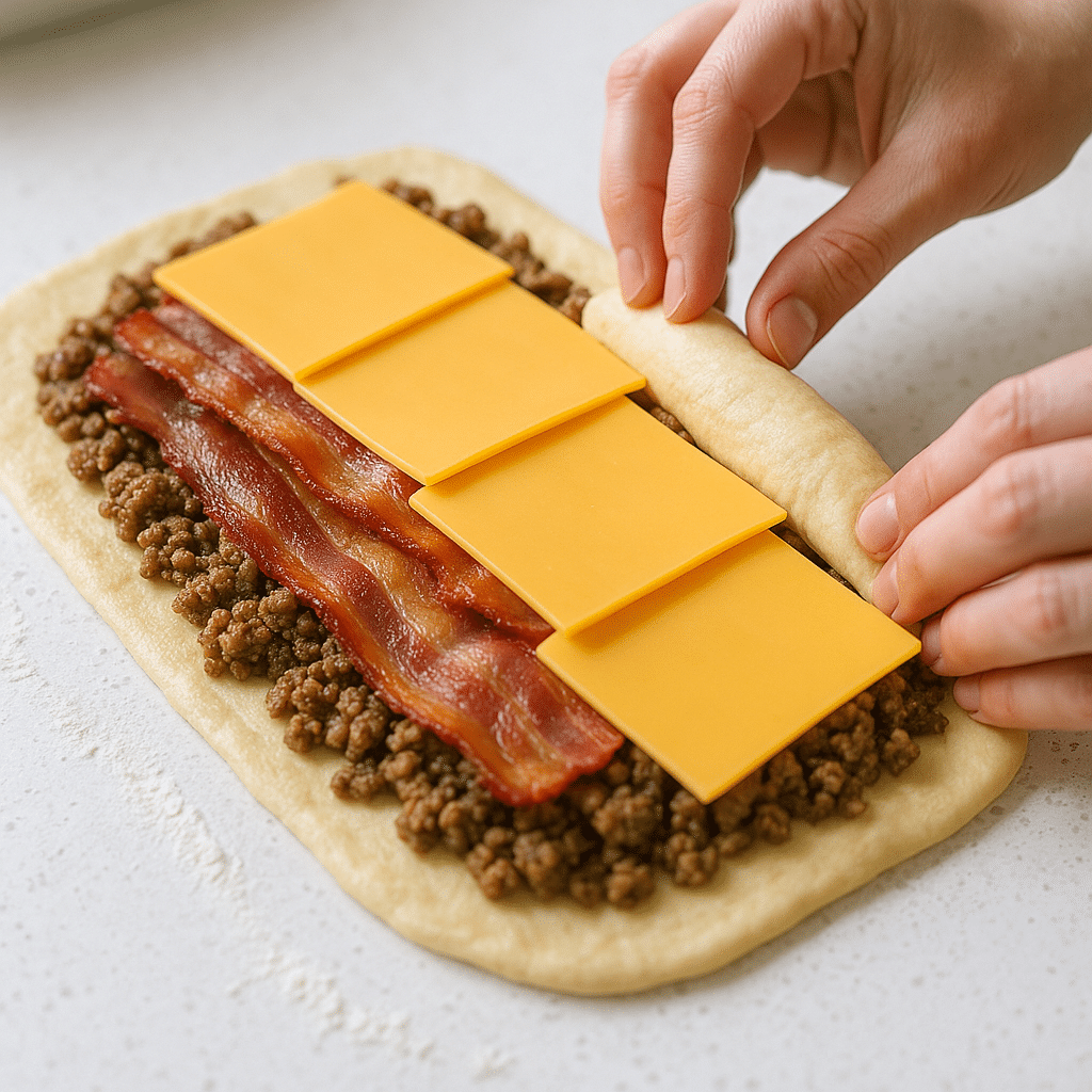 Assembling Bacon Cheeseburger Roll Ups with beef and bacon