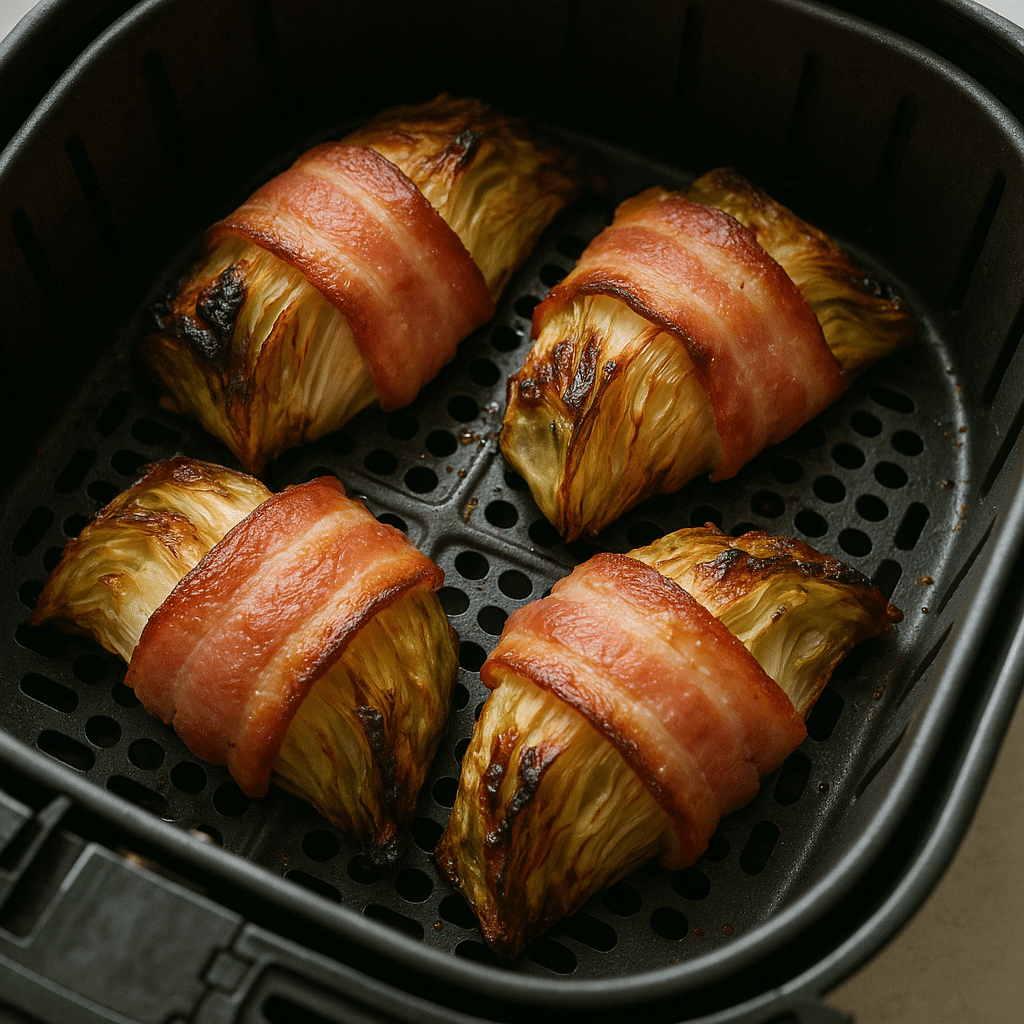 Bacon-wrapped cabbage cooking inside air fryer