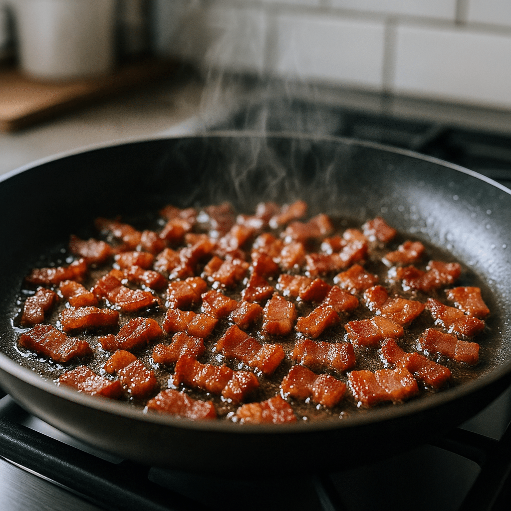 Crispy bacon cooking in skillet with rendered fat for bacon carbonara ramen recipe preparation