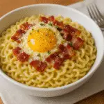 Finished bacon carbonara ramen served in white bowl with Parmesan cheese, black pepper, and parsley garnish