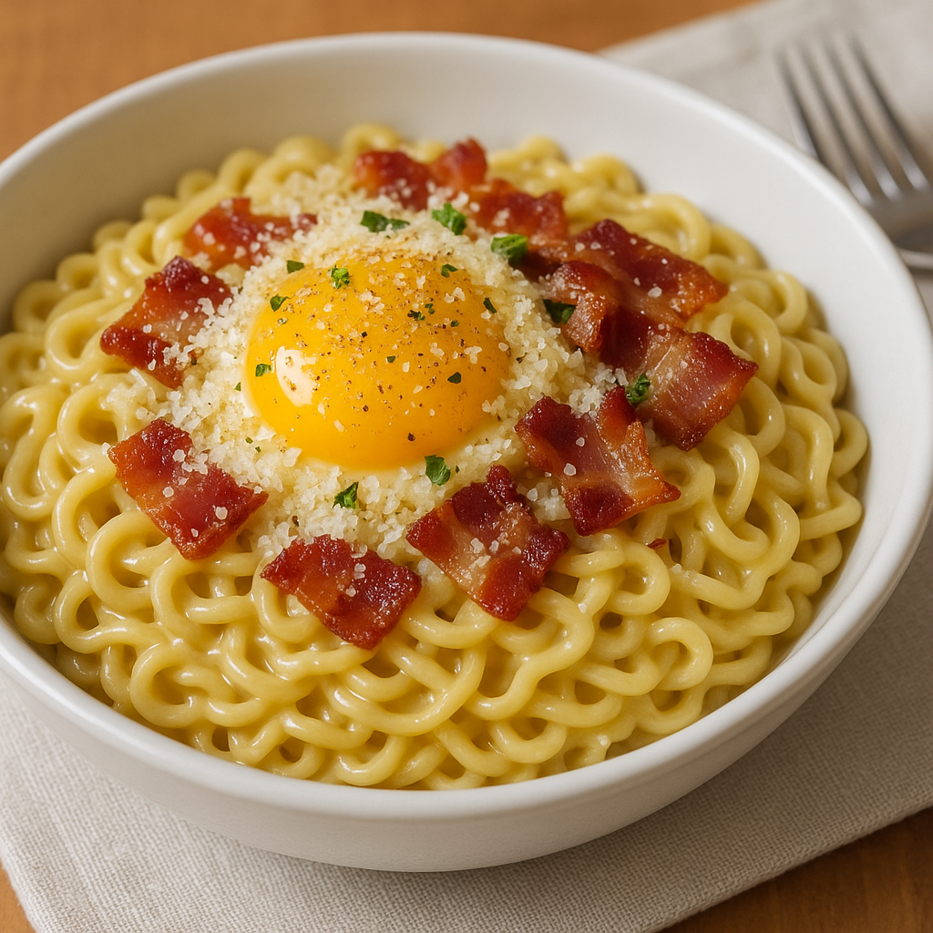 Finished bacon carbonara ramen served in white bowl with Parmesan cheese, black pepper, and parsley garnish
