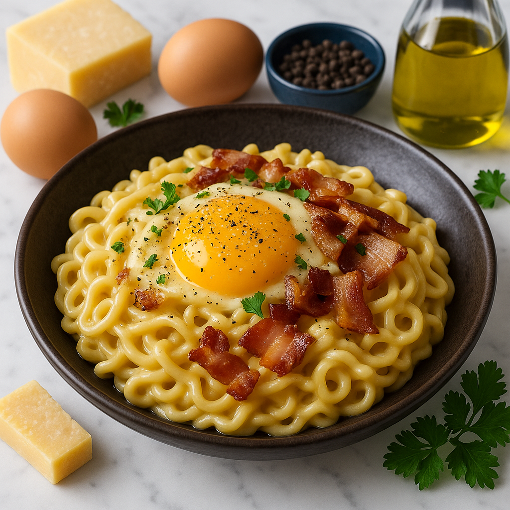 Bacon carbonara ramen ingredients laid out including instant ramen noodles, thick-cut bacon, fresh eggs, and Parmesan cheese