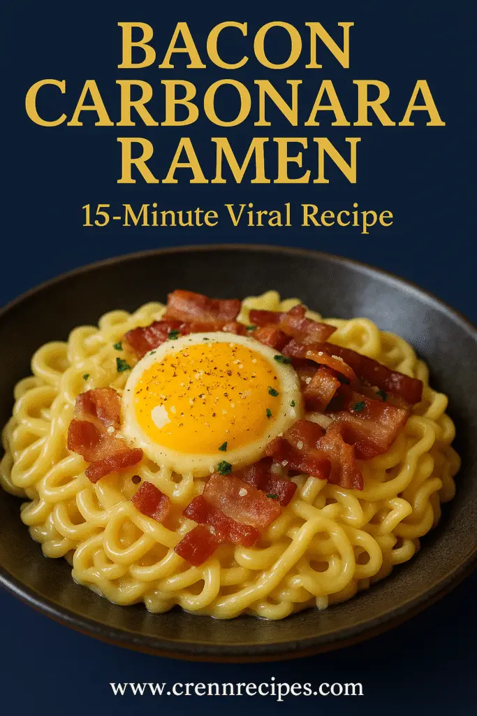 Pinterest pin for bacon carbonara ramen recipe featuring 15-minute viral fusion dish from CrennRecipes