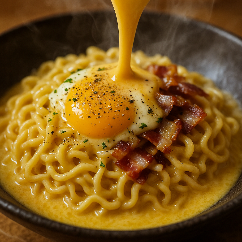 Creamy carbonara sauce being created with eggs and cheese coating ramen noodles in bacon carbonara ramen