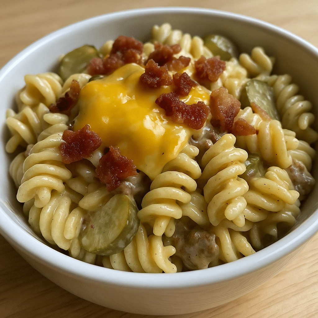 Bacon cheeseburger pasta salad in white bowl with bacon and cheddar