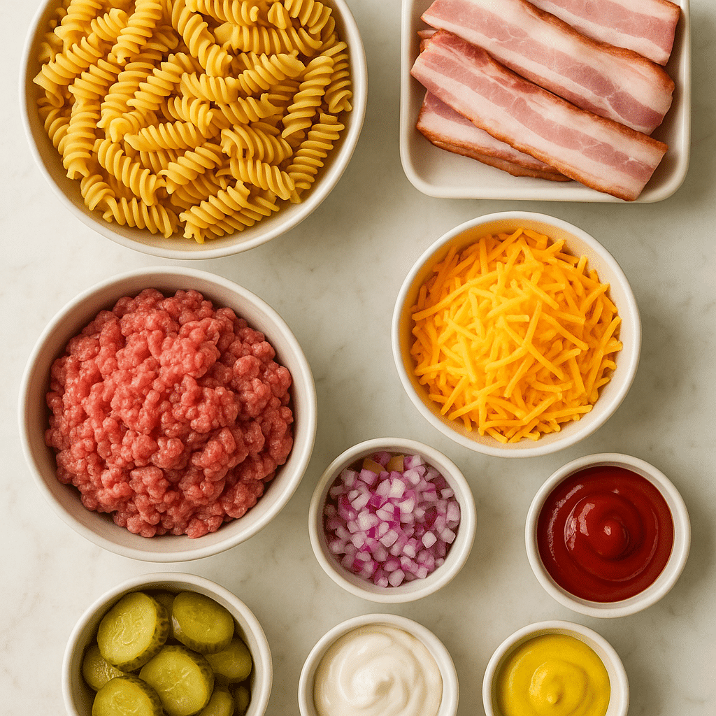 Ingredients for bacon cheeseburger pasta salad on marble surface