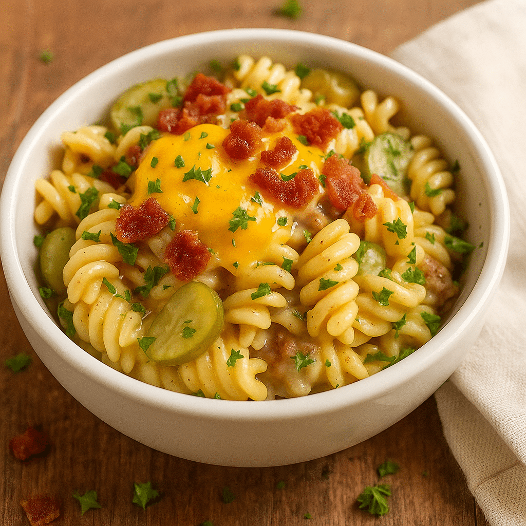 Served bowl of bacon cheeseburger pasta salad with garnish