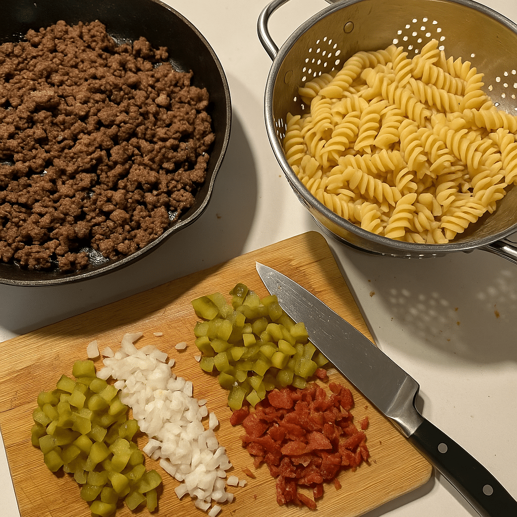 Cooking steps for bacon cheeseburger pasta salad