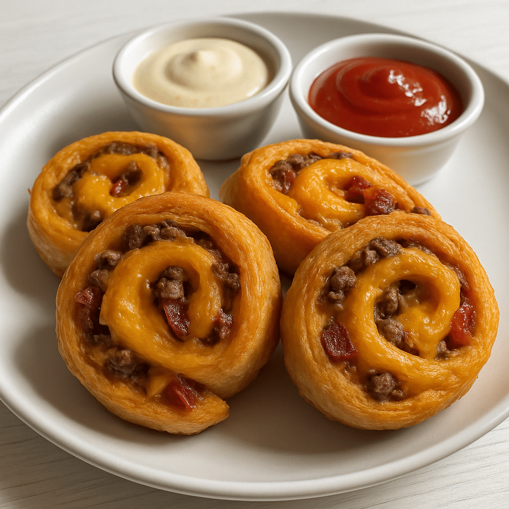 Bacon Cheeseburger Roll Ups golden spirals with crispy bacon