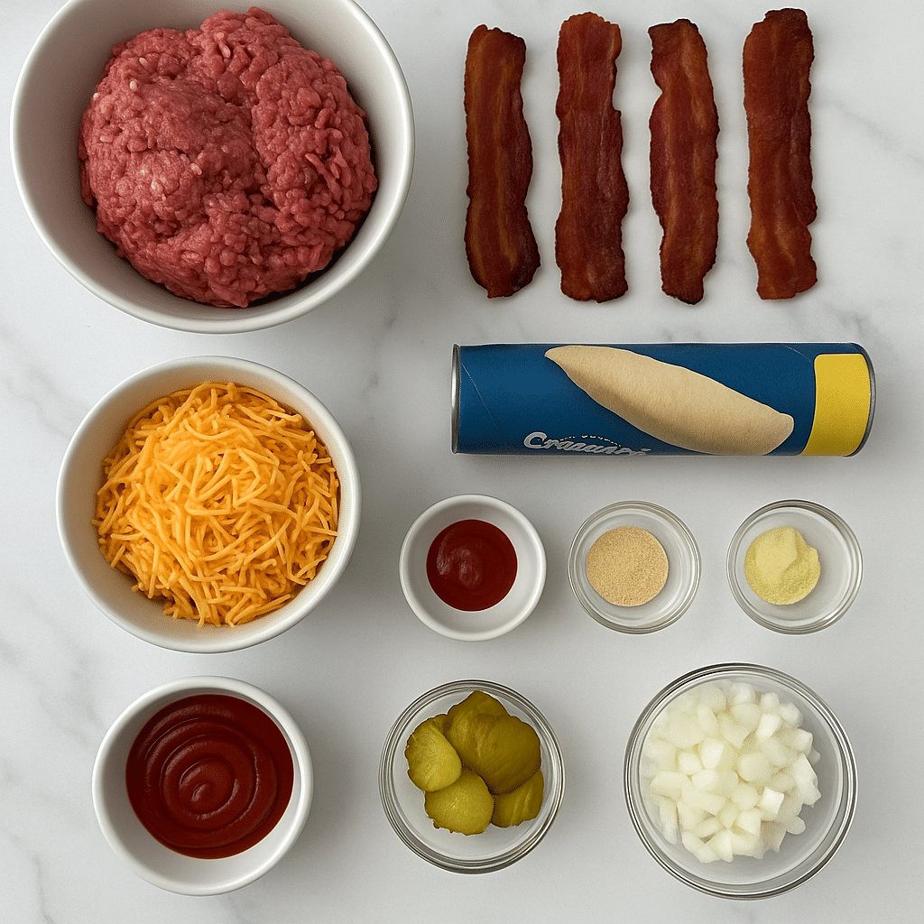 Ingredients for Bacon Cheeseburger Roll Ups laid out on marble