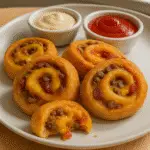 Bacon Cheeseburger Roll Ups sliced open on a white platter
