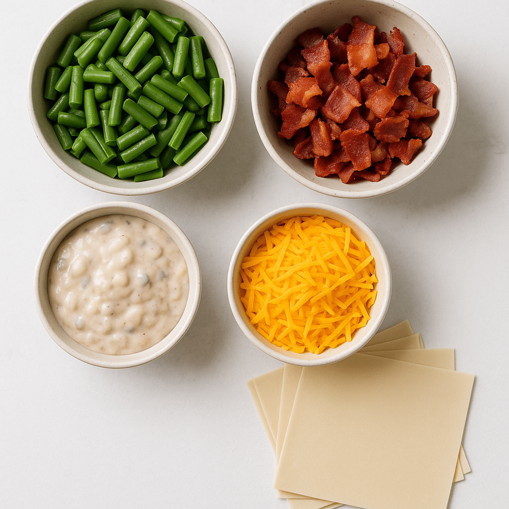 Ingredients for Bacon Green Bean Casserole Egg Rolls