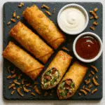 Served bacon green bean casserole egg rolls with dipping sauces