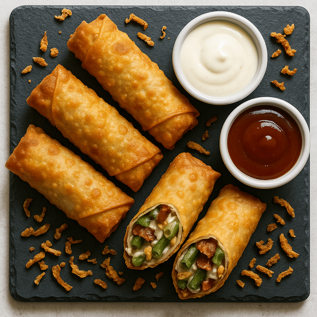 Served bacon green bean casserole egg rolls with dipping sauces