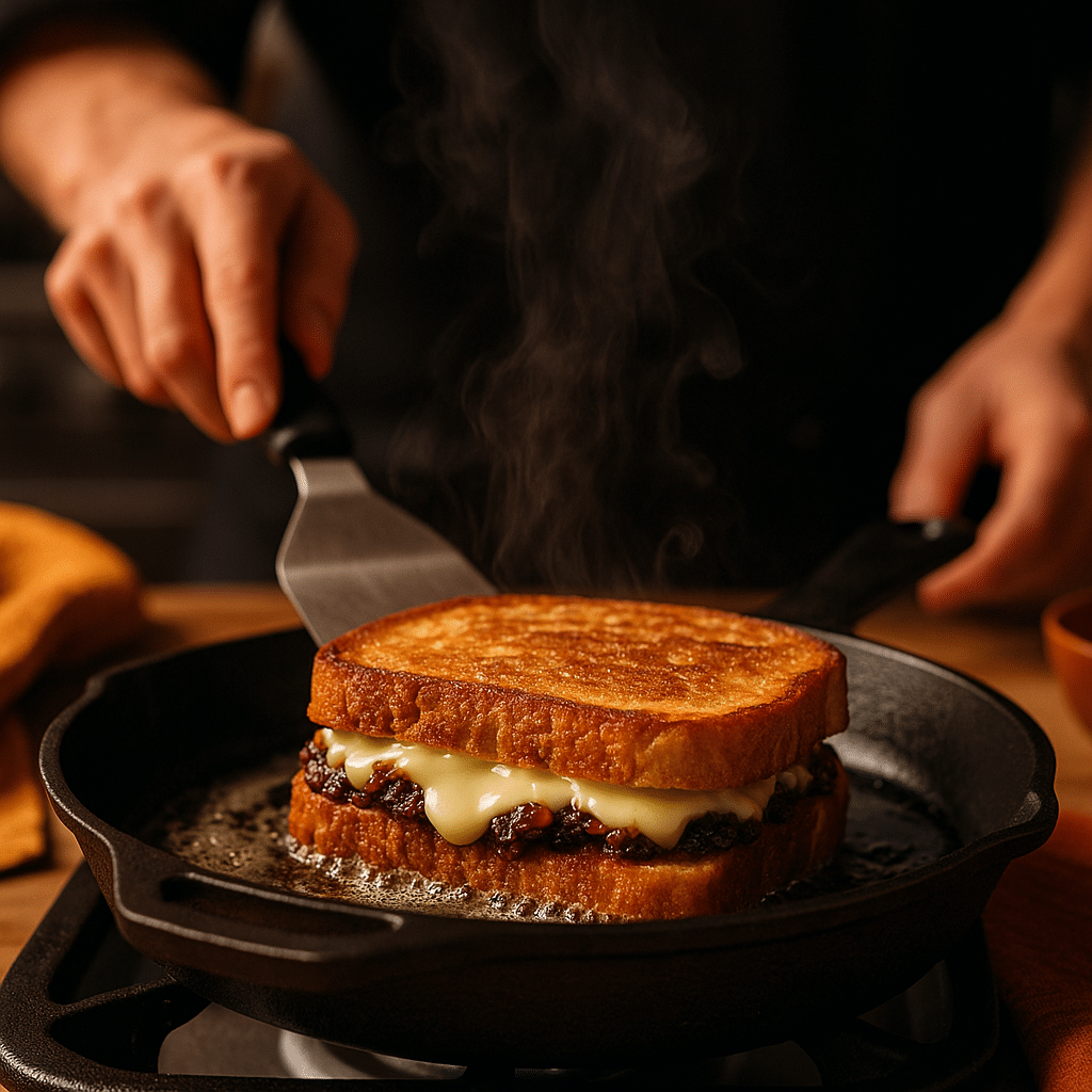 Grilled cheese cooking in a pan with bacon jam and cheddar