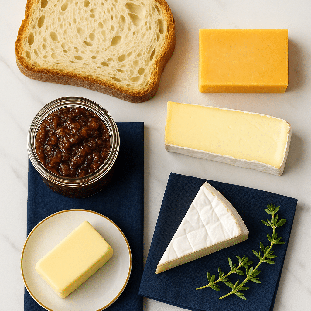 Ingredients for making bacon jam grilled cheese sandwich