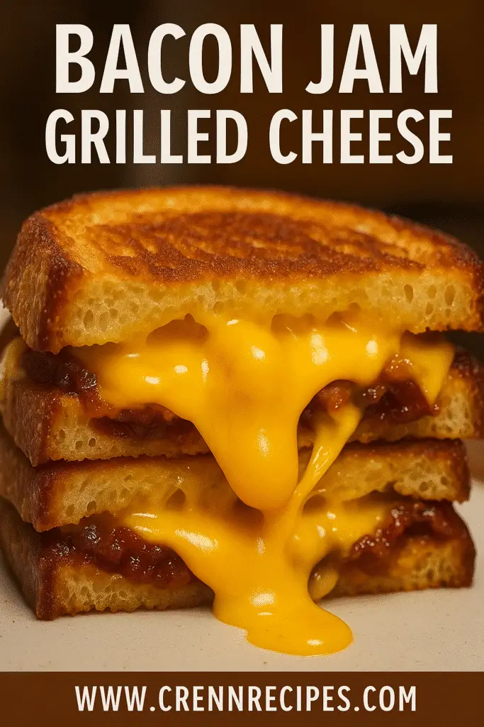 Bacon jam grilled cheese Pinterest pin with cheese pull