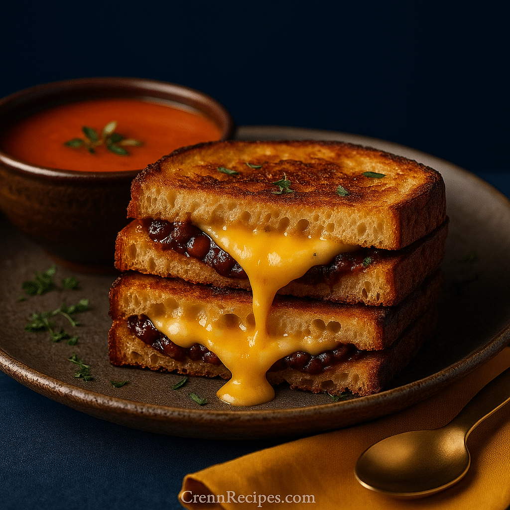 Sliced bacon jam grilled cheese served with tomato soup