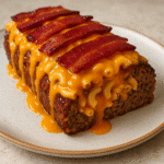Bacon Mac and Cheese Stuffed Meatloaf close-up on ceramic plate
