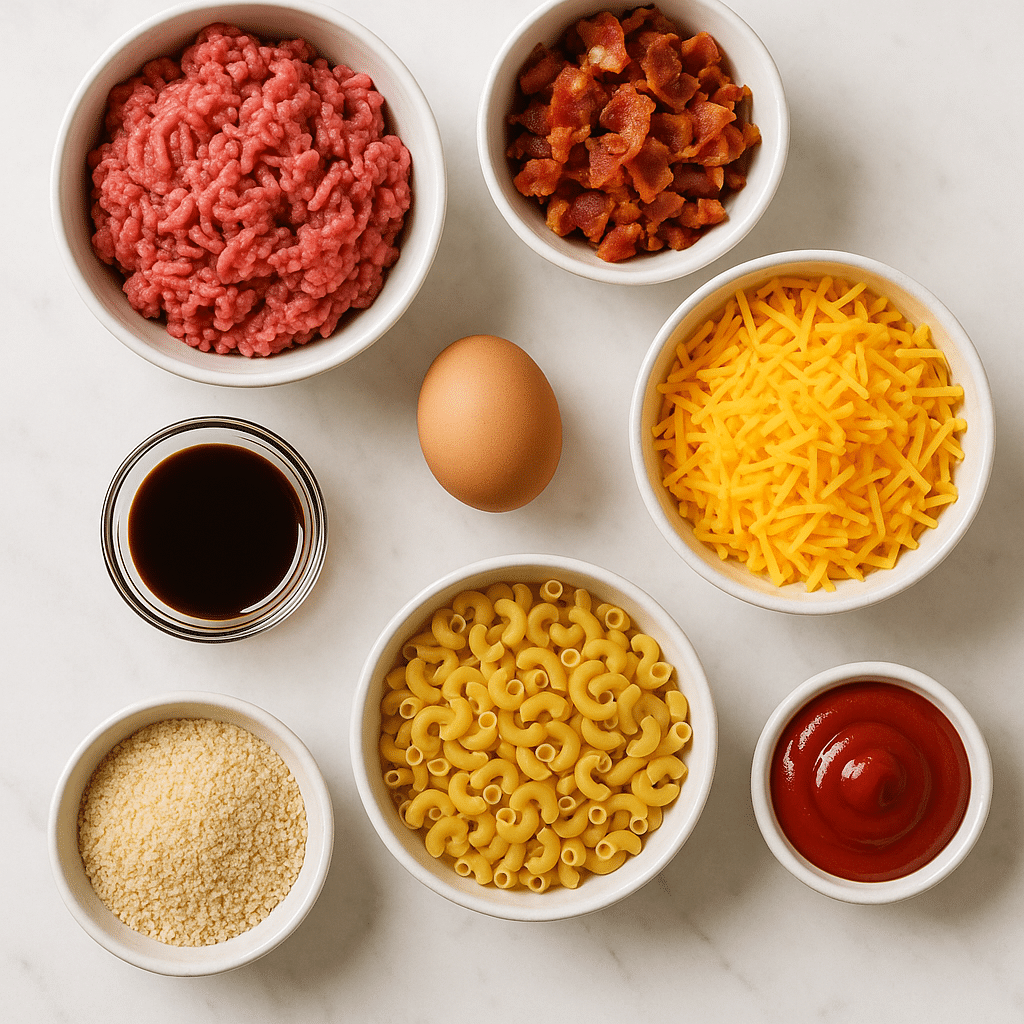 Ingredients for Bacon Mac and Cheese Stuffed Meatloaf on marble