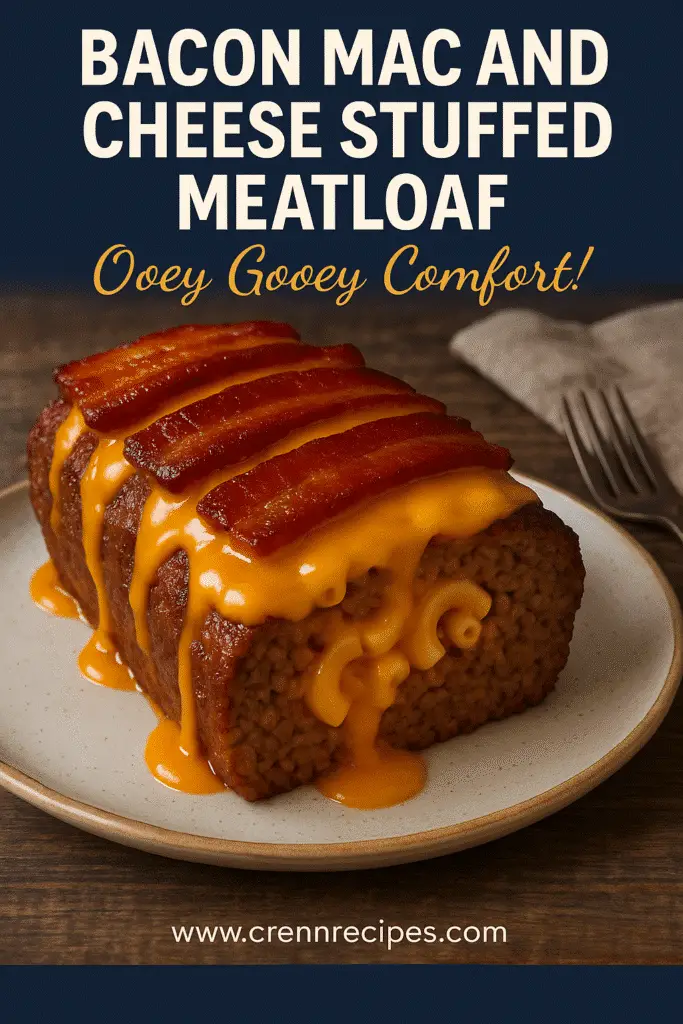 Bacon Mac and Cheese Stuffed Meatloaf Pinterest Pin with text overlay