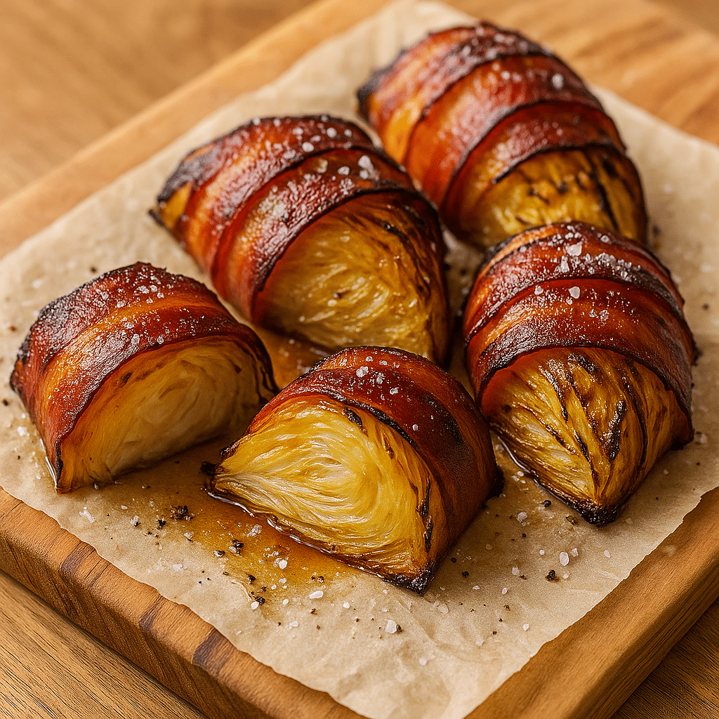 Bacon-wrapped cabbage served with crispy edges and tender center