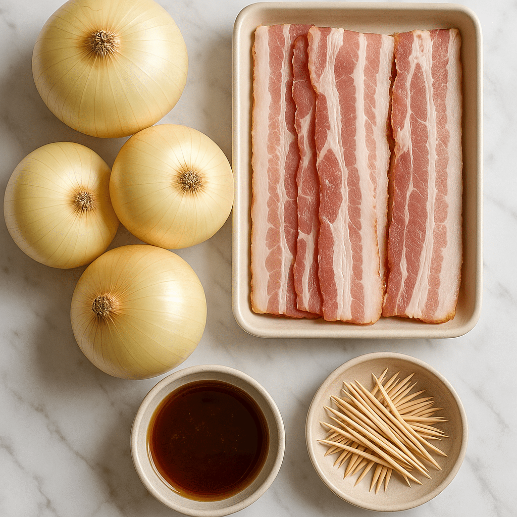 Ingredients for bacon-wrapped onion rings including sweet onions and raw bacon