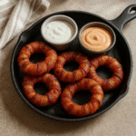 Bacon-wrapped onion rings served with dipping sauces