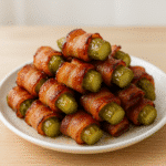 Bacon-wrapped pickle bites served on a white plate with golden crispy texture