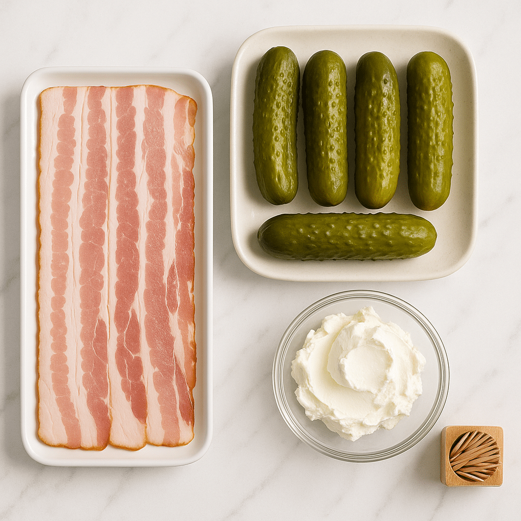 Ingredients for bacon-wrapped pickle bites including bacon, pickles, and cream cheese