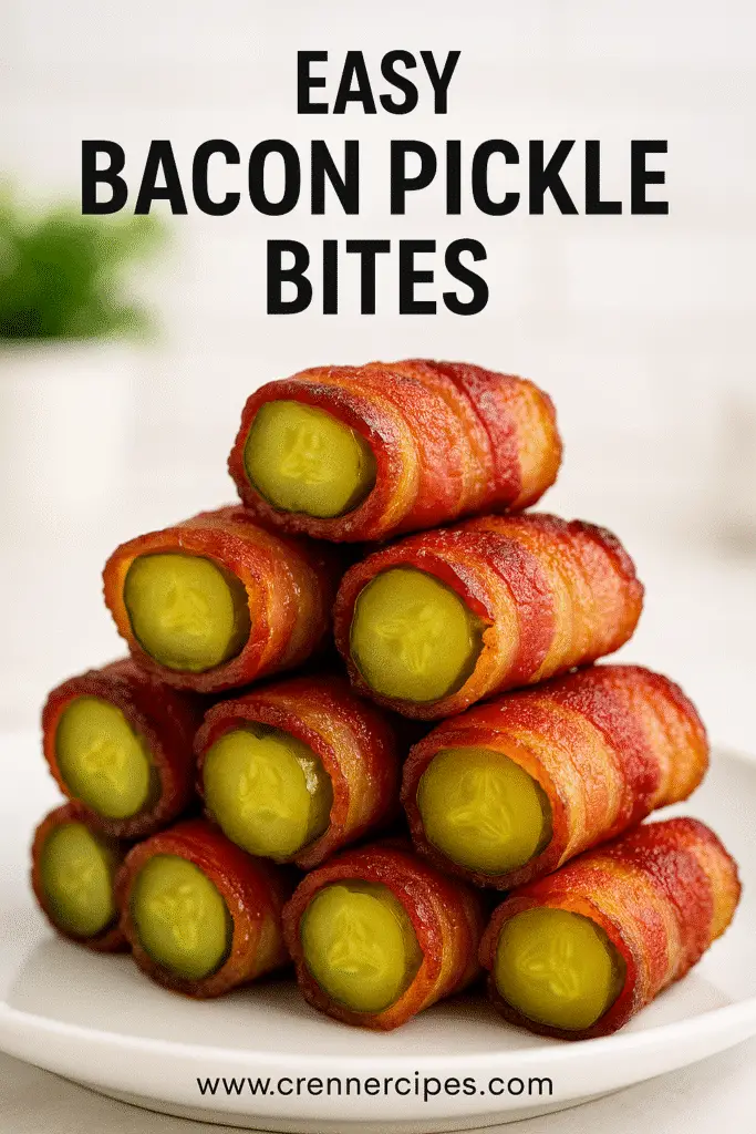 Pinterest pin image of bacon-wrapped pickle bites with recipe title overlay