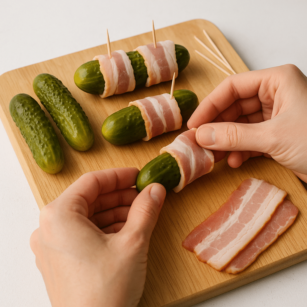 Hands wrapping pickles with bacon secured by toothpicks during preparation
