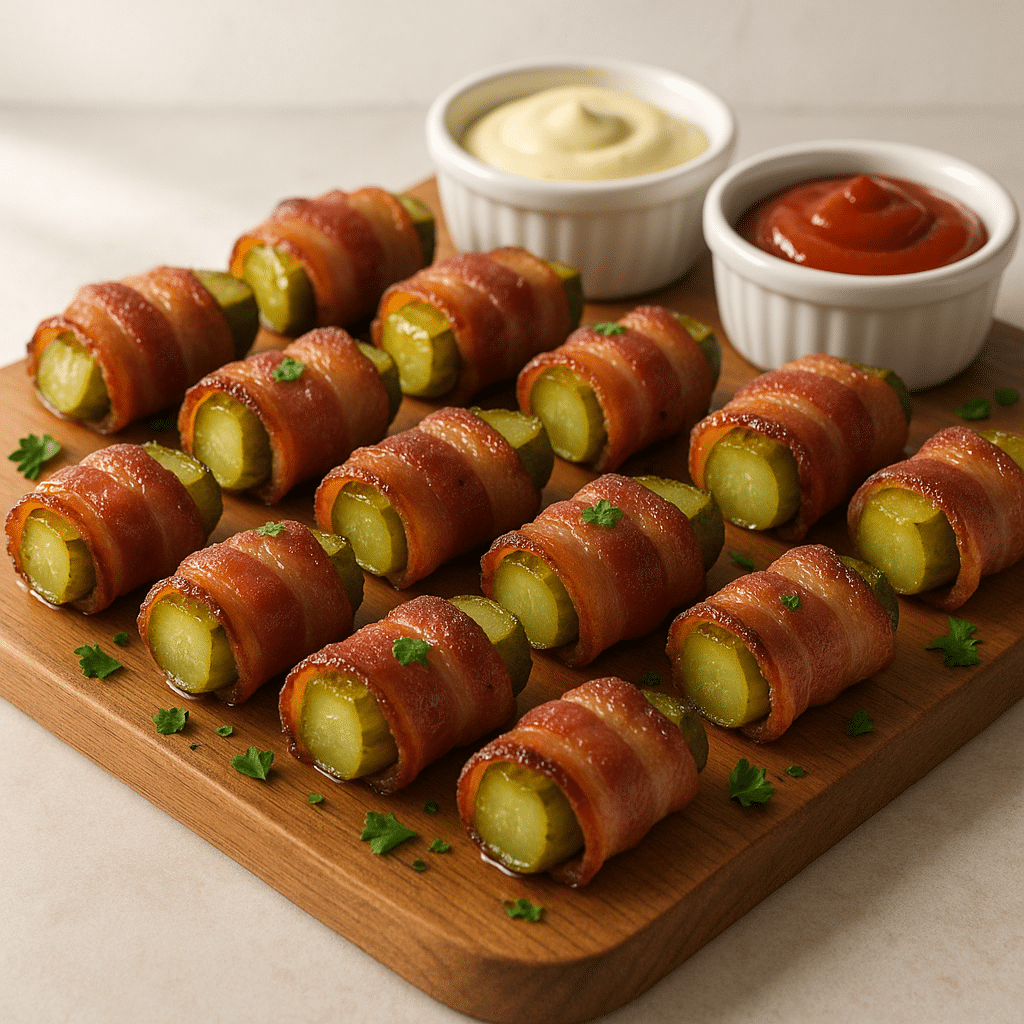 Served bacon-wrapped pickle bites with dipping sauces on a board