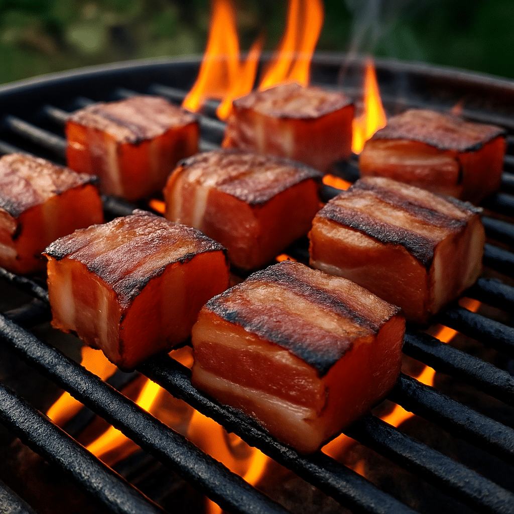 Bacon-wrapped watermelon cubes grilling over open flame