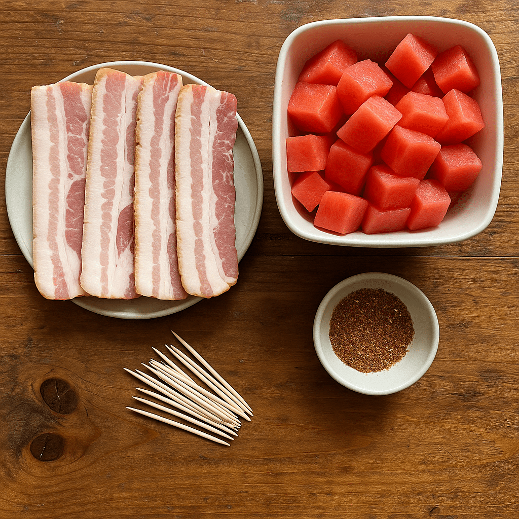 Ingredients for bacon-wrapped watermelon including raw bacon and cubed watermelon