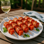 Plated bacon-wrapped watermelon skewers with mint garnish