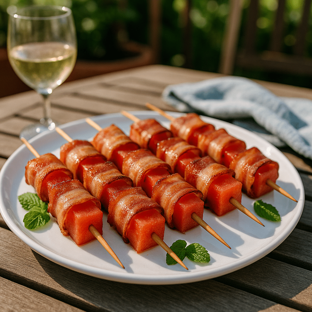 Plated bacon-wrapped watermelon skewers with mint garnish