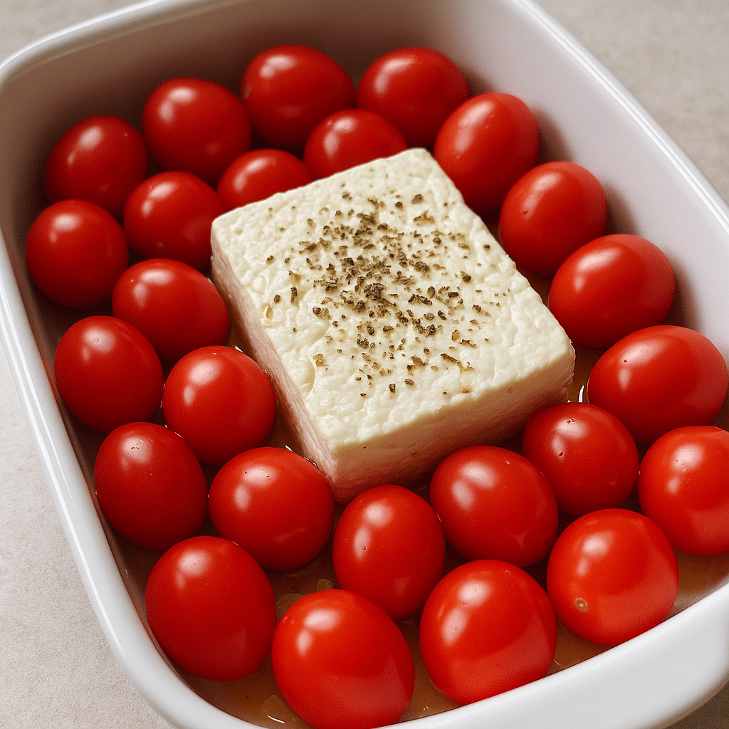 Baked Feta Pasta 2025 Version in baking dish before cooking