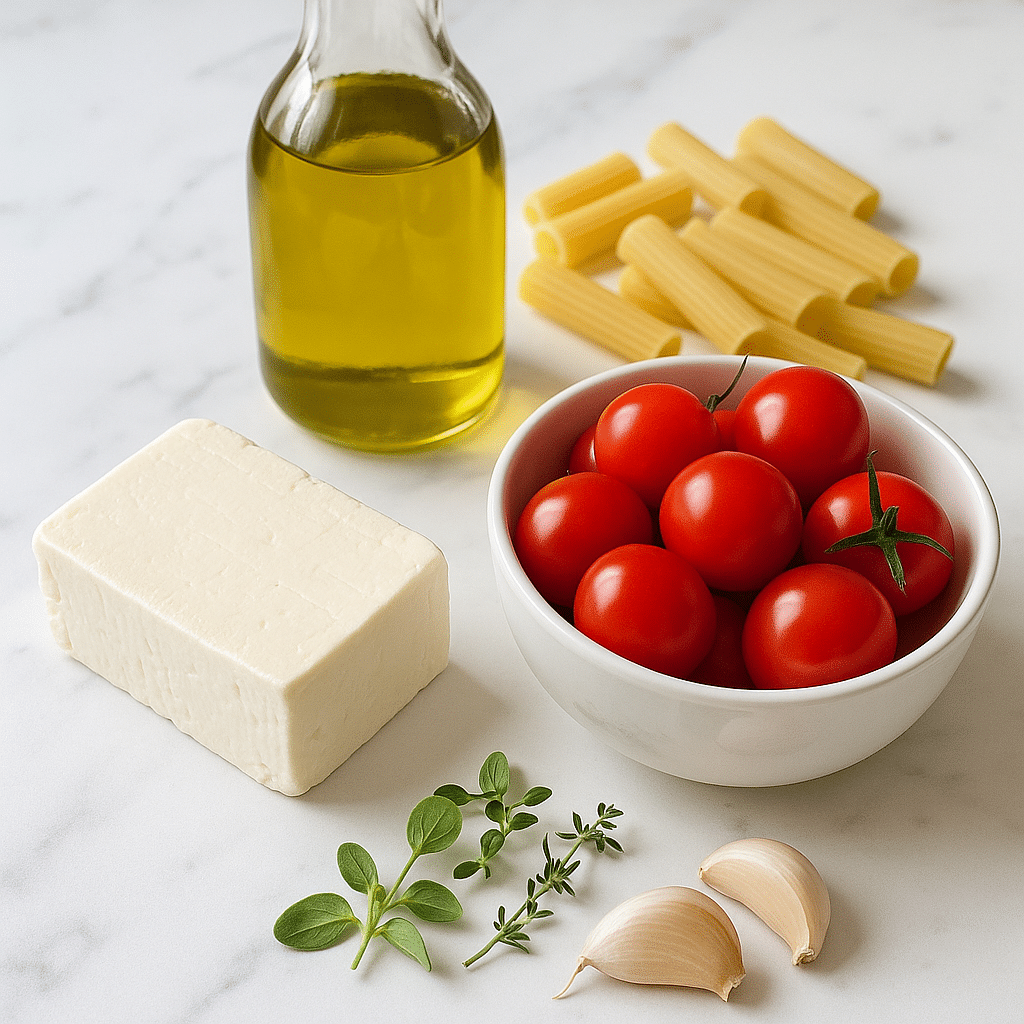 Fresh ingredients for Baked Feta Pasta 2025 Version recipe